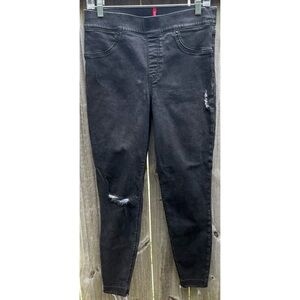 Spanx Black Pull on Distressed Stretch Jeans L
